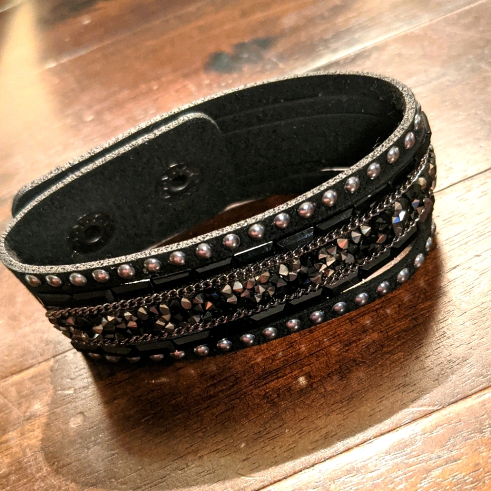 Black Rhinestone Strap Cuff Bracelet